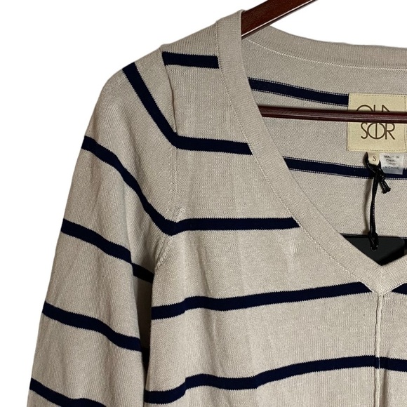 Chaser Long Sleeve Ribbed Beige Black Stripes  V-Neck Tie Front Sweater Small S - Picture 6 of 16